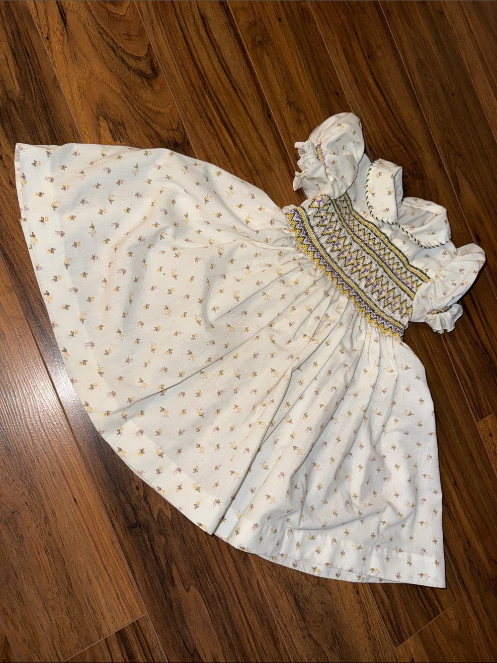 Smocked Puff Sleeve Girls White Floral Dress